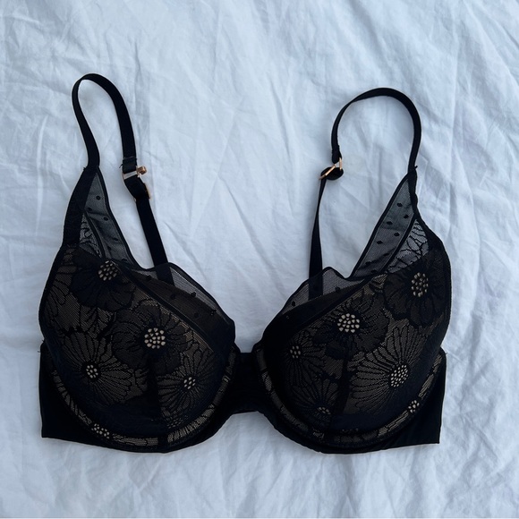 Aerie Black Floral Real Power Plunge Push Up Bra, 34B - Picture 6 of 9